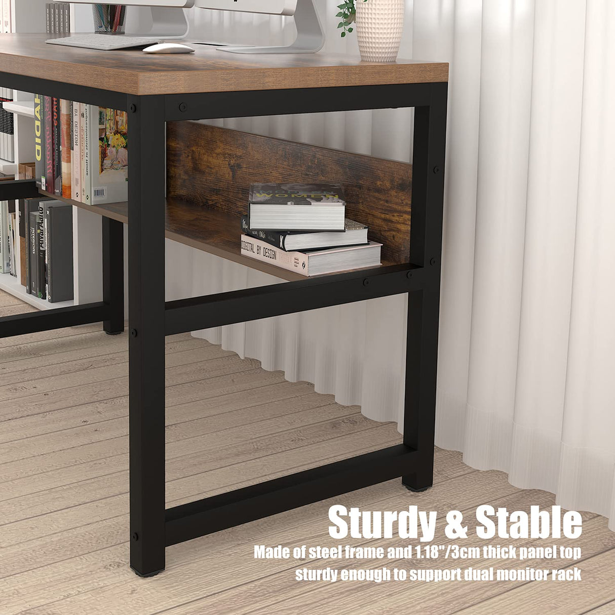 TOPSKY Rustic Brown Computer Desk with Bookshelf and Metal Cable Grommet - 55" Thick & Sturdy Design TOPSKY