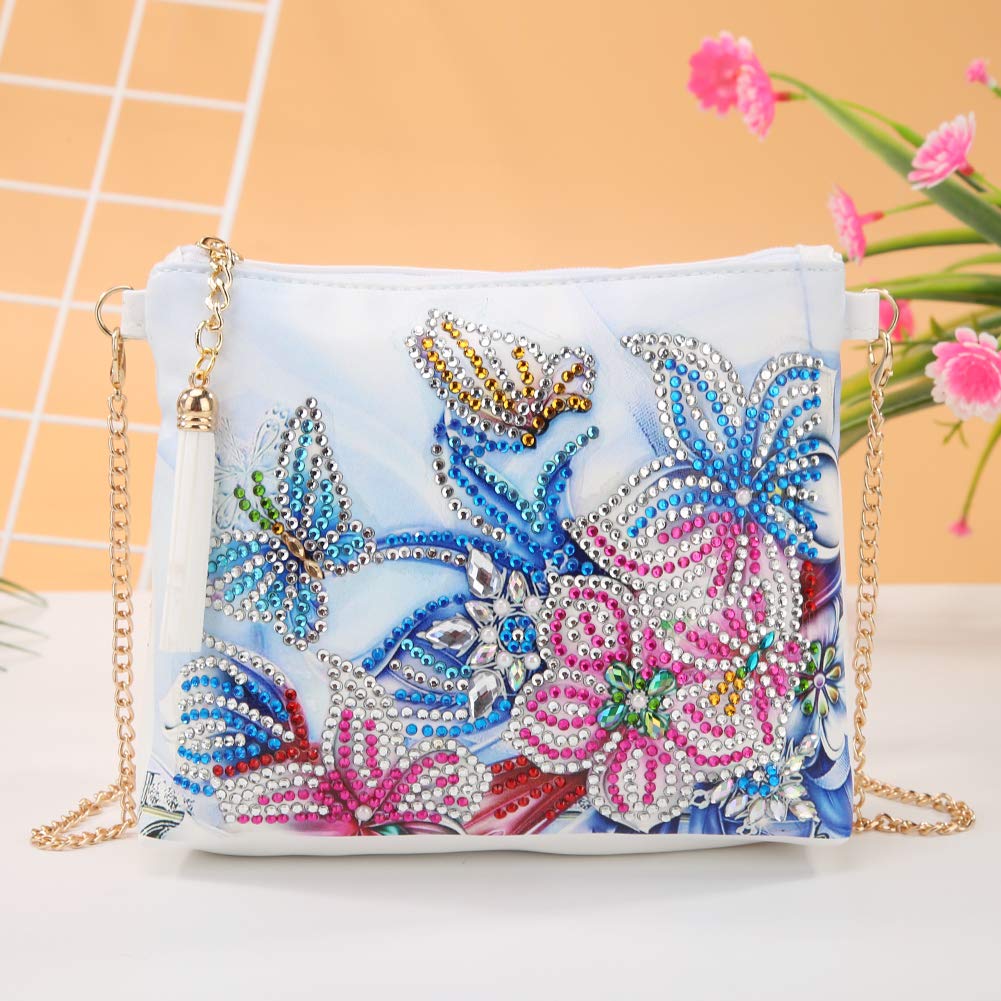 Diamond Painting Kits for Kids & Adult Cross-Body Handbag with Chain 5D DIY Rhinestone Cross Stitch Arts Craft Makeup Shoulder Bag Zipper for Christmas Gift Ross Beauty (Butterfly Flower) Ross Beauty