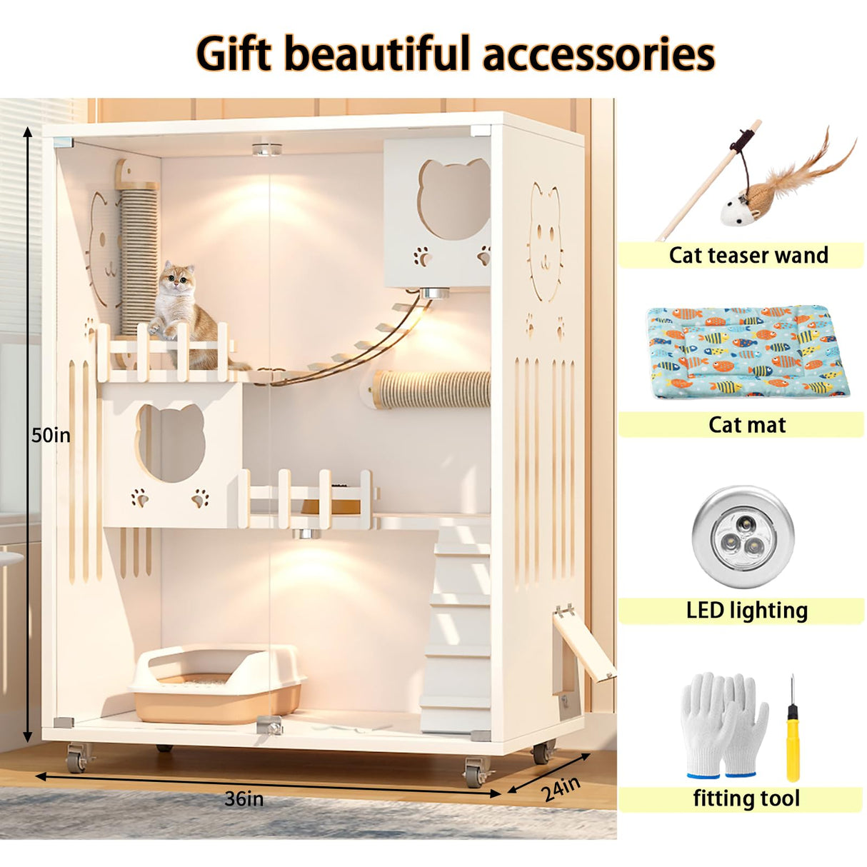 Large Luxury Wood Cat House, Indoor/Outdoor Cat Cage Large Space with Wheels, Multi-Feature Enclosed Cat Condo for Indoor Cats Ventilation Glass Doors, 50" X 36" X 24", White HUATOL