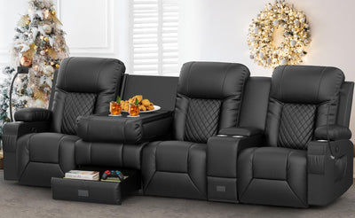 YONISEE 4 Seat Recliner Sofa with Flip Backrest Design, Loveseat Reclining Sofa with Storage Console, Drawer, USB Ports, 2 Cell Phone Holder, Loveseat Recliner Couch for Living Room (Black)