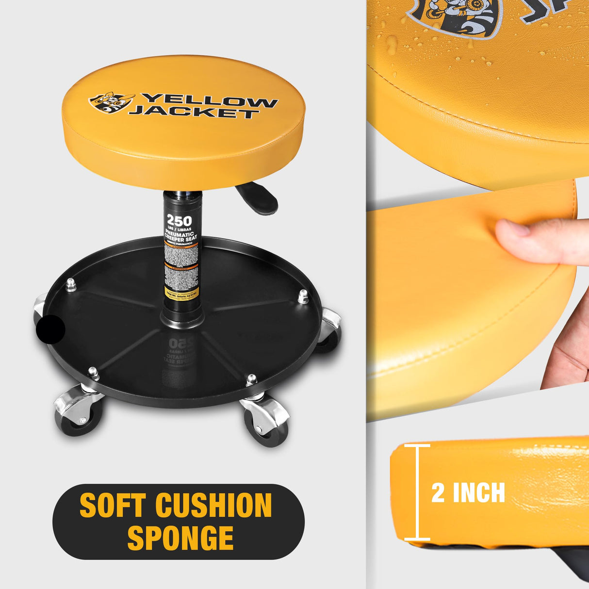 YELLOW JACKET Rolling Mechanic Stool with Wheels Pneumatic Garage Shop Seat Adjustable Height Roller Mechanics Creeper Chair with Tool Tray for Auto Repair YELLOW JACKET