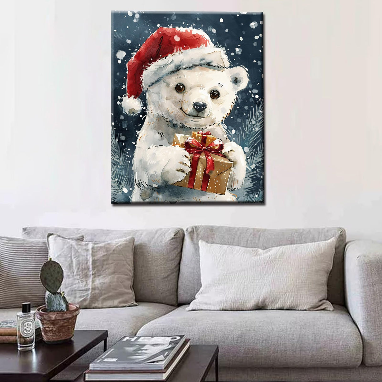Tucocoo Cute Polar Bear Paint by Numbers Kit for Adult Christmas Animals DIY Canvas Paint by Numbers Red Santa Hat Acrylic Painting Home Decor Paint by Numbers Kits 16x20Inch Frameless Tucocoo