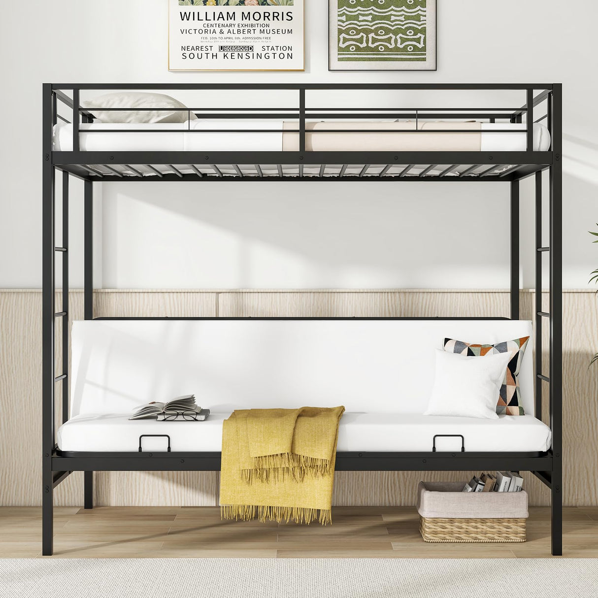 Giantex Twin Over Futon Bunk Bed, Metal Bunk Bed with Futon, 2 Ladders & Safety Guardrails, Heavy Duty Couch Bunk Bed with Under-Bed Space, Convertible Sofa Bunk Bed for Kids, Teens, Adults, Black Giantex
