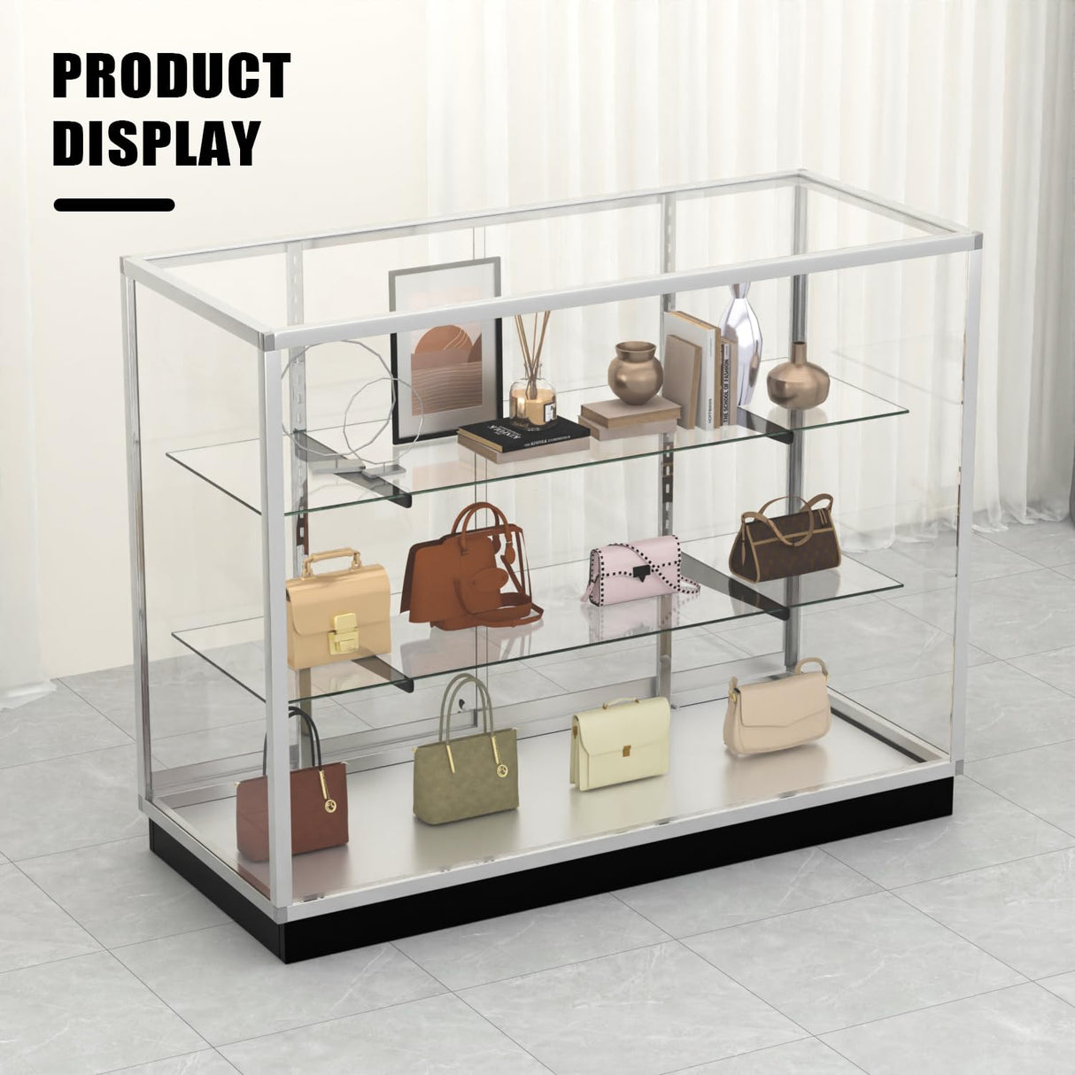 72" Glass Display Showcase Cabinet –Silver Aluminum Frame, Tempered Glass Shelves, Lockable Sliding Doors & LED Lighting – Extra Vision Retail Fixture for Stores, Exhibits & Collectibles Generic