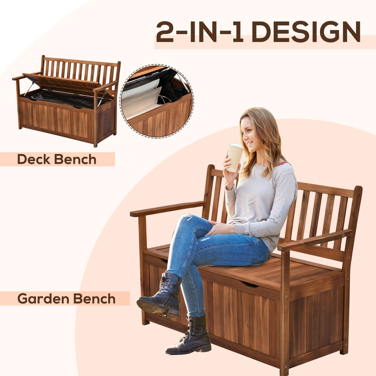 Outsunny Teak 41 Gallon Outdoor Storage Bench with Waterproof Lining and 2-Seat Capacity Outsunny