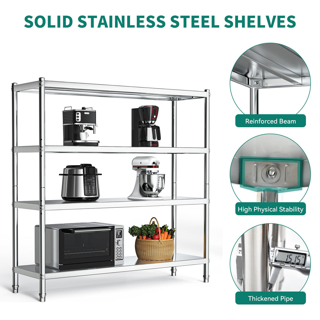 YITAHOME Stainless Steel Shelves, 60"*18"*60" 4 Tier Storage Shelf, Heavy Duty Shelving for Kitchen Garage Office Restaurant Warehouse YITAHOME