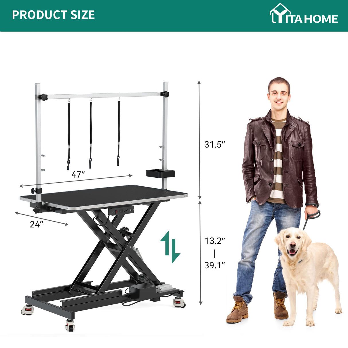 YITAHOME 49 Inch Professional Electric Dog Grooming Table, w/Leveling Wheels Grooming Table for Dogs at Home, w/Aluminum Large Dog Grooming Station, Anti Slip Tabletop & Tool Organizer Black YITAHOME