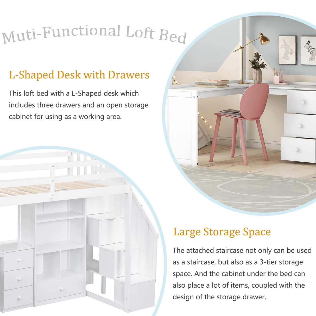 Linique Twin Loft Bed with 3-Drawers L-Shape Desk, Bookcase, Cabinet and Storage Staircase, Solid Wood Twin Bed Frame with Full Length Guardrail (White) Linique