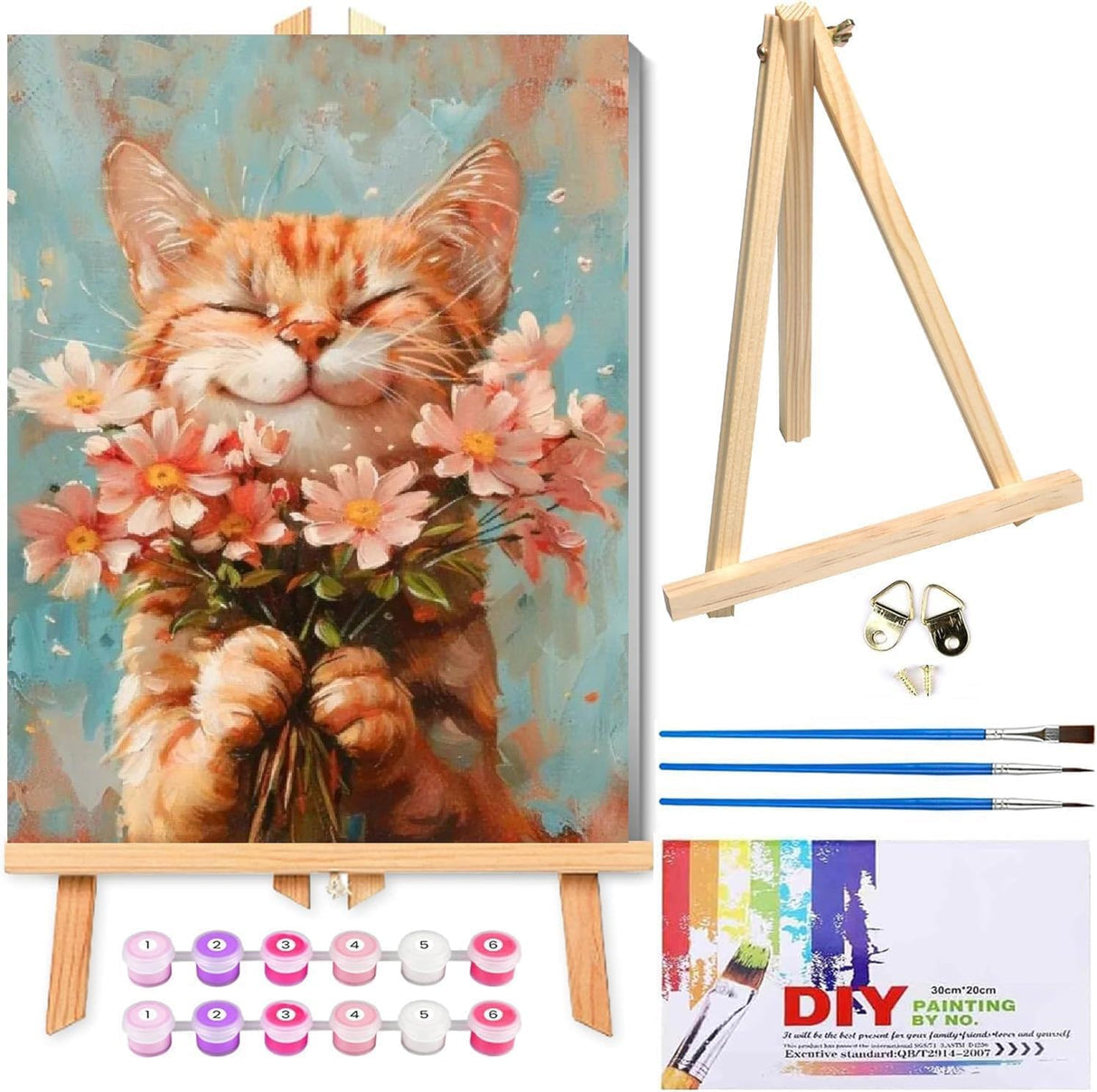 Cat Paint by Numbers Kit for Adults with Framed Canvas&Wooden Easel, DIY Acrylic Paint by Numbers Kits on Canvas, Cat with Flower Drawing Paintwork Arts and Crafts for Home Wall Decor 12x16inch Clendo