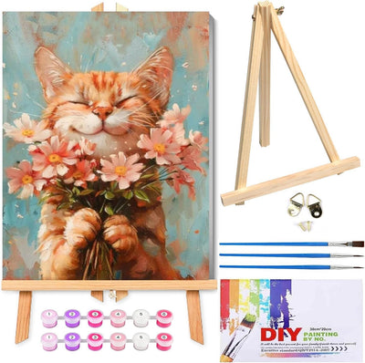Cat Paint by Numbers Kit for Adults with Framed Canvas&Wooden Easel, DIY Acrylic Paint by Numbers Kits on Canvas, Cat with Flower Drawing Paintwork Arts and Crafts for Home Wall Decor 12x16inch