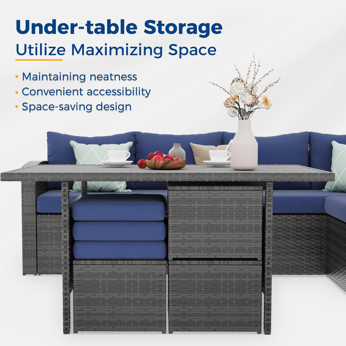 Wisteria Lane Outdoor Patio Furniture Set, 7 Piece Outdoor Dining Sectional Sofa with Dining Table and Chair, All Weather Wicker Conversation Set with Ottoman,Blue Wisteria Lane