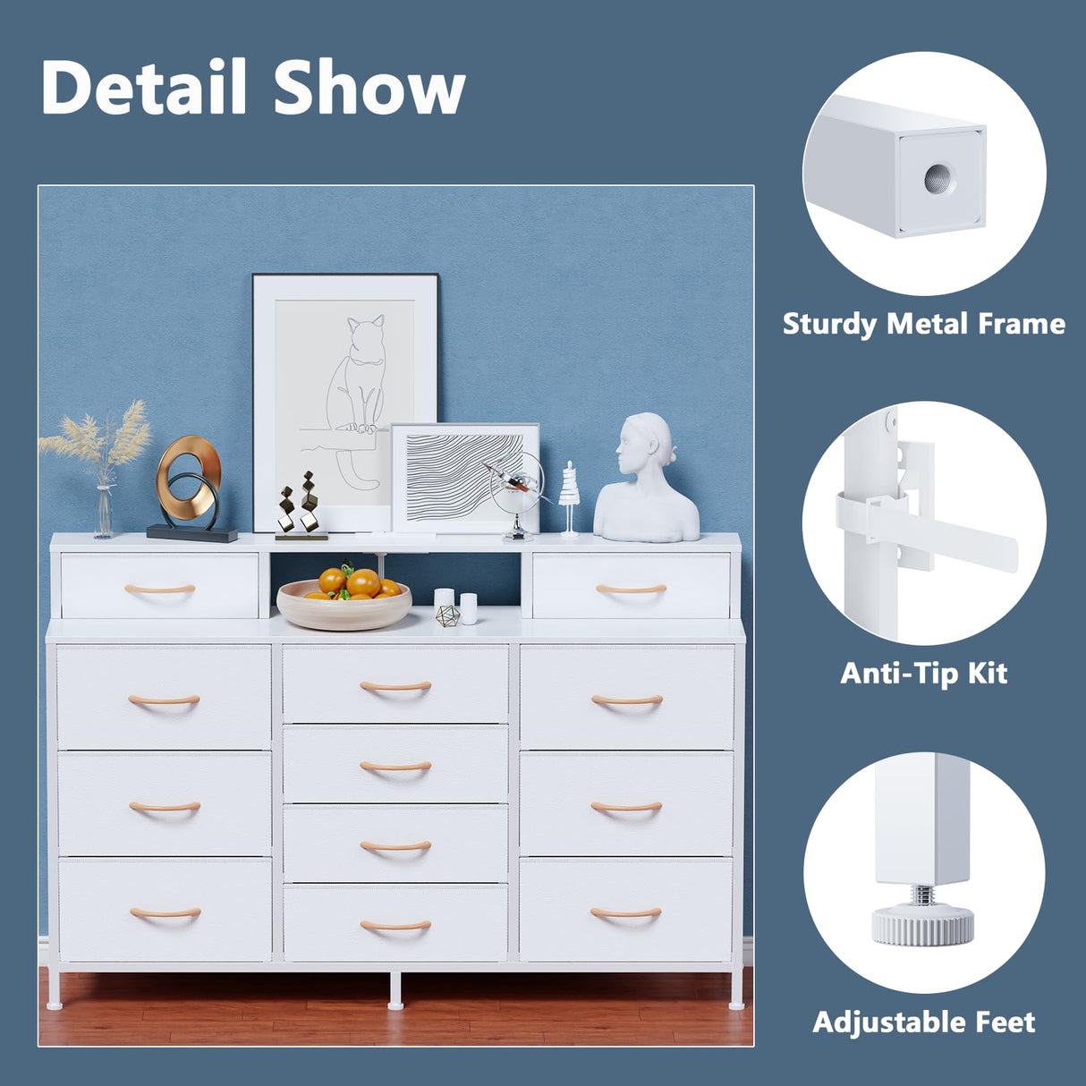 Furnulem White Dresser for Bedroom with LED Lights & Charging Station,55" Long Dressers & Chest of Drawers with 12 Storage Bins, Fabric Furniture for Closet,Hallway,2-Tier Shelf Wood Top,Metal Frame Furnulem