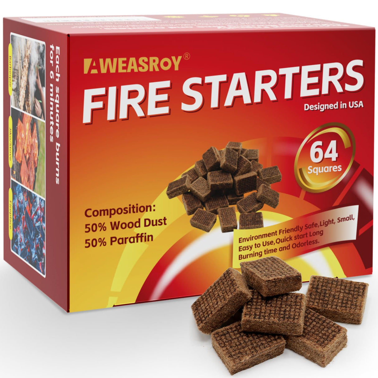 Fire Starter Squares 64 - Fire Starters for Fireplace,Chimney,BBQ Grill,Camping Fire,Wood Stove - Water Resistant and Safe Odourless - Camping Accessories AWEASROY