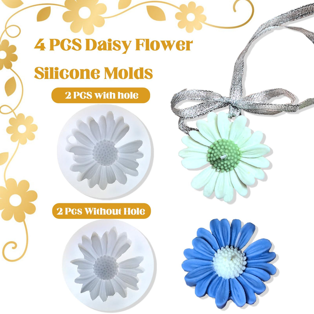 4 PCS Daisy Flower Silicone Molds for Candles, 3D Flower Candle Mold Silicone Daisy DIY Soap Wax Epoxy Resin Plaster Concrete Casting Polymer Clay Craft, Chocolate Fondant Cake Topper Decoration Mold Keromtein