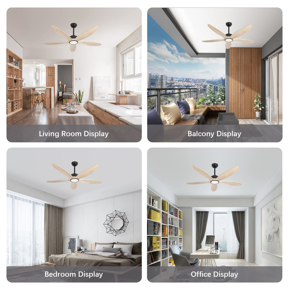 Wozzio 5 Wood Blades Ceiling Fan with Light and Remote,Quiet Reversible DC Motor,6 Wind Speed,LED Dimmable and Memory,for Bedroom/Patios/Living Room,52 inch,Natural Wood Blades Wozzio