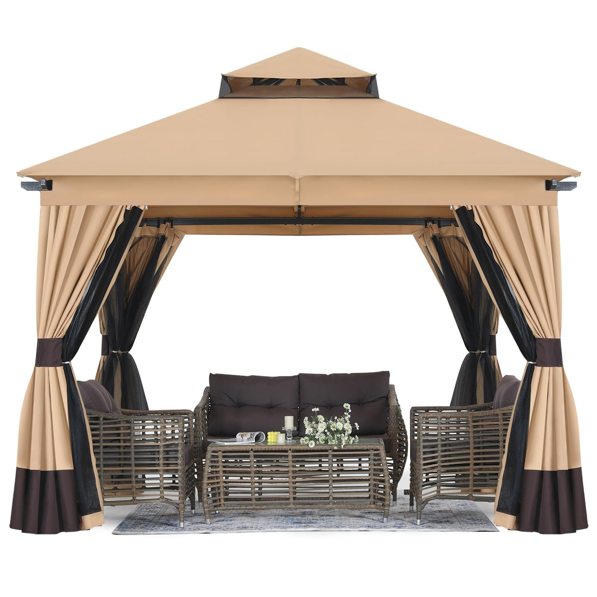 MASTERCANOPY 10x10FT Outdoor Patio Gazebo with Double Roofs, Mosquito Netting and Privacy Screens for Backyard, Garden, Lawn, Beige MASTERCANOPY