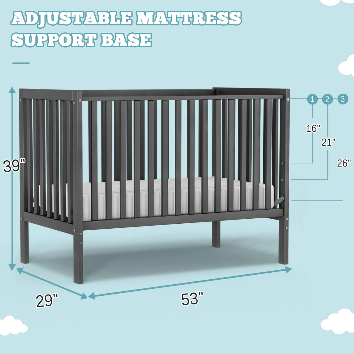 Saylike Baby Crib 5-in-1 Convertible, Wood Full Size Toddler Bed for Small Baby, Made of Sustainable Natural Pinewood Cribs, Non-Toxic Finish, Simplistic Nursery Furniture (Storm Gray) Saylike