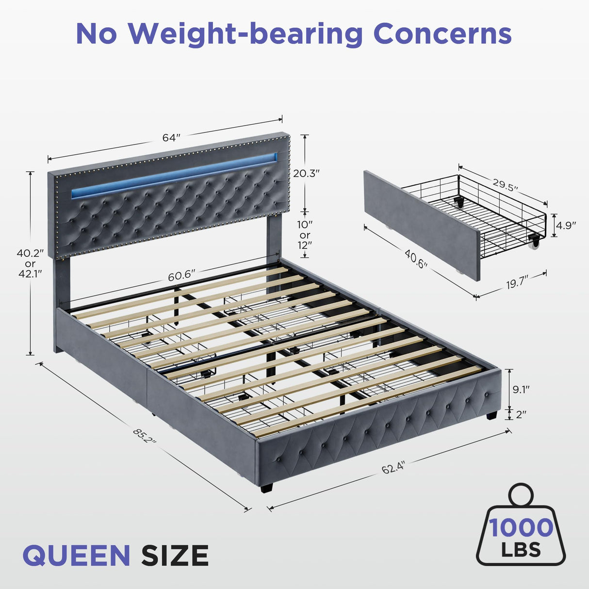 BedsPick Queen Size Bed Frame with LED Lights, Velvet Upholstered Platform Queen Bed Frame with 4 Storage Drawers and Adjustable Headboard, No Box Spring Needed Queen Bedframe, Noise Free, Light Grey BedsPick
