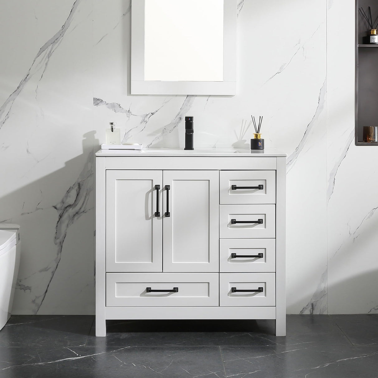 LUCKWIND 36" Bathroom Vanity and Sink Combos, Modern Bathroom Storage Cabinet with Ceramic Sink, Matte Black Faucet and 5 Drawers, Mirror is NOT Included, White LUCKWIND