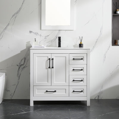 LUCKWIND 36" Bathroom Vanity and Sink Combos, Modern Bathroom Storage Cabinet with Ceramic Sink, Matte Black Faucet and 5 Drawers, Mirror is NOT Included, White