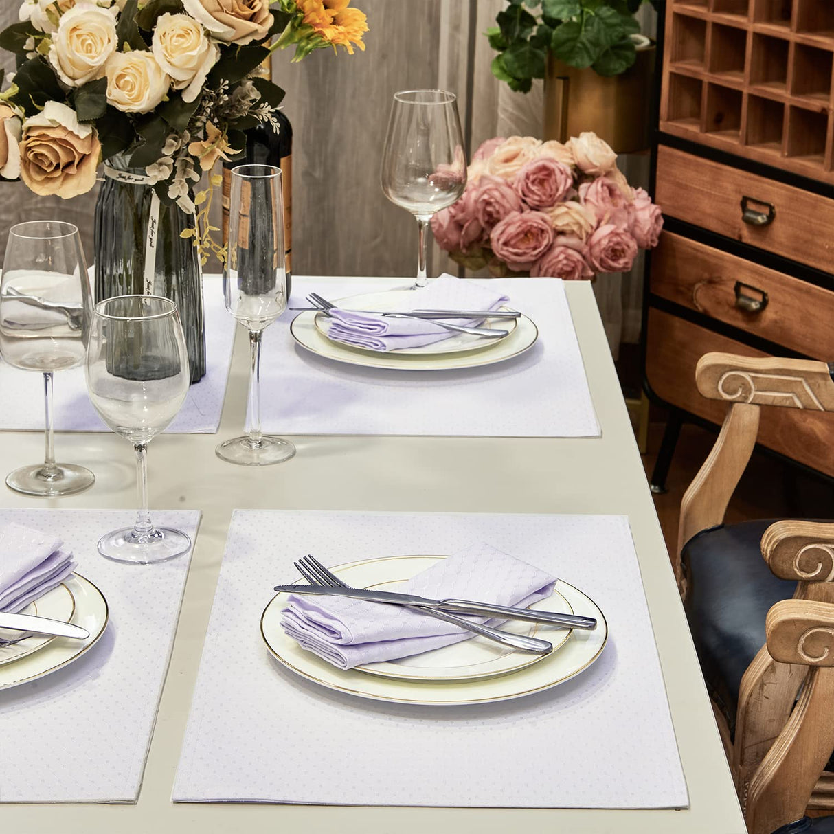 Homejoy Place Mats Set of 8 – Rectangle Rectangular Waterproof Fabric Polyester Cloth Washable Wipeable Heat Resistant Placemats for Kitchen Dining Dinner Table Indoor 13 x 19 Inch White HomeJoy