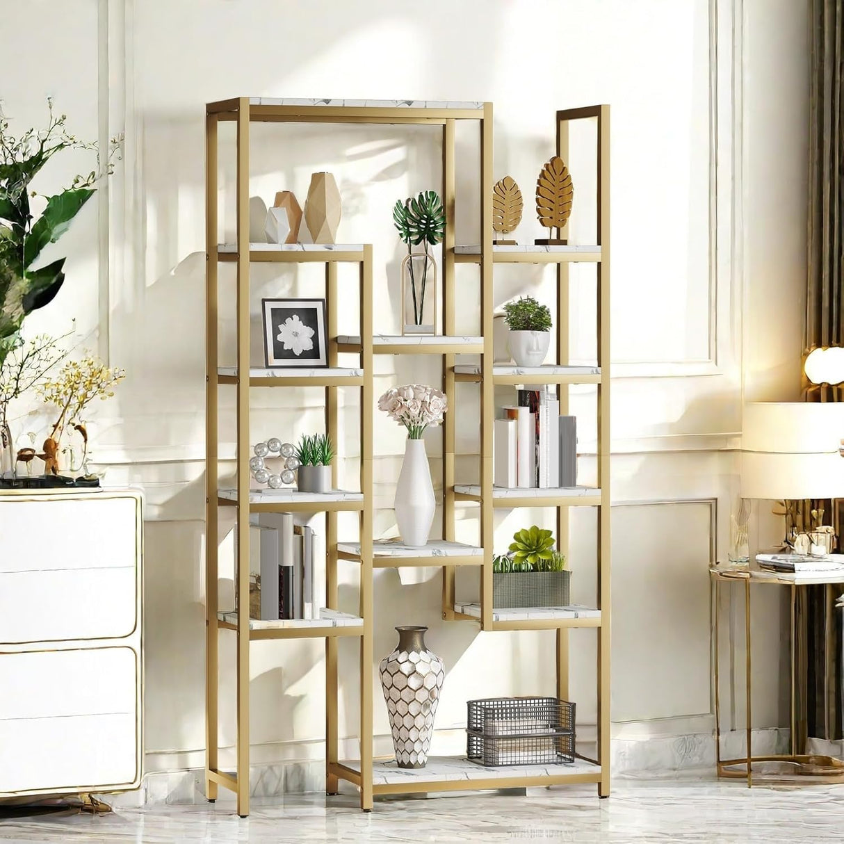 YITAHOME 6 Tier Gold Bookshelf, 71 Tall Modern Free Standing Bookshelf with 12 Shelf Bookcase, Faux Marble Open Display Storage Book Shelves for Living Room Bedroom Office Home, Gold & Marble YITAHOME