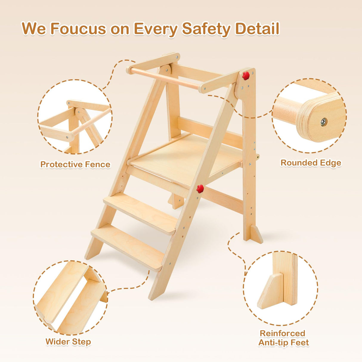 Foldable Toddler Tower with Safety Rails, 3-Level Adjustable Height Standing Kitchen Stool Helper with Safety Feet, Montessori Learning Tower for Toddlers Aged 1-6,Natural Cheete