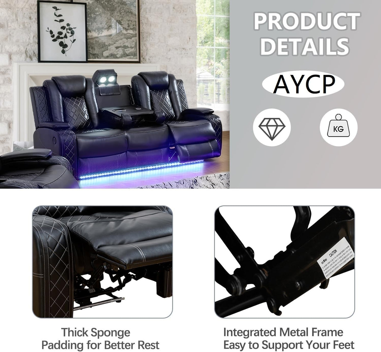 AYCP Multifunction Power Air Leather Recliner Sofa Set with LED Lights, Living Room Furniture, Reclining Sofa, loveseat, Chair with USB Port/Storage Console/Cup Holders (Black, 3 Pieces) AYCP