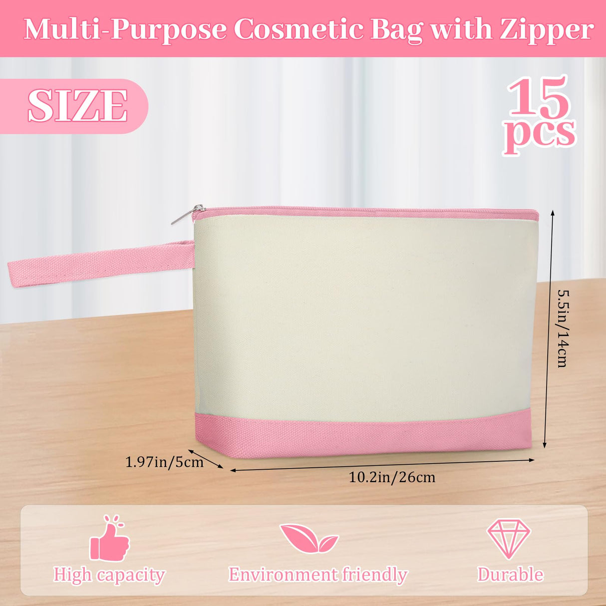 Silkfly 15 Pcs Cotton Canvas Makeup Bags Canvas Cosmetic Bag 10.2 x 5.5 x 2 Inches Two Tone Makeup Bags Bulk with Zipper Blank DIY Pouch with Bottom Travel Toiletry Pouch for Women (Cute) Silkfly