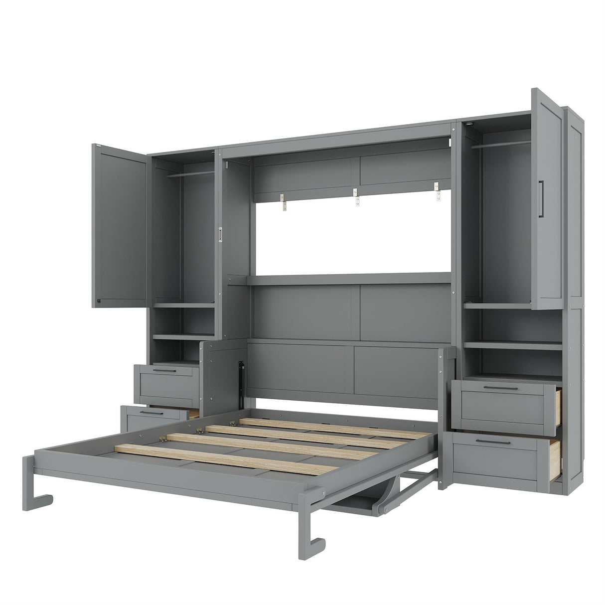 Harper & Bright Designs Queen Size Murphy Bed, Wooden Queen Wall Bed with Closet, Drawers and Shelves, Gray Harper & Bright Designs