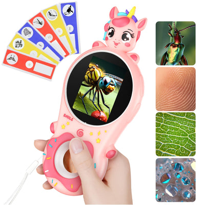 DRAMATION Microscope for Kids, 500x Kids Magnifying Glass with Light, Mini Portable Handheld Microscope with Photo and Video Function, Outdoor Nature Exploration Toys for 3 4 5 6 7 8 Years Old