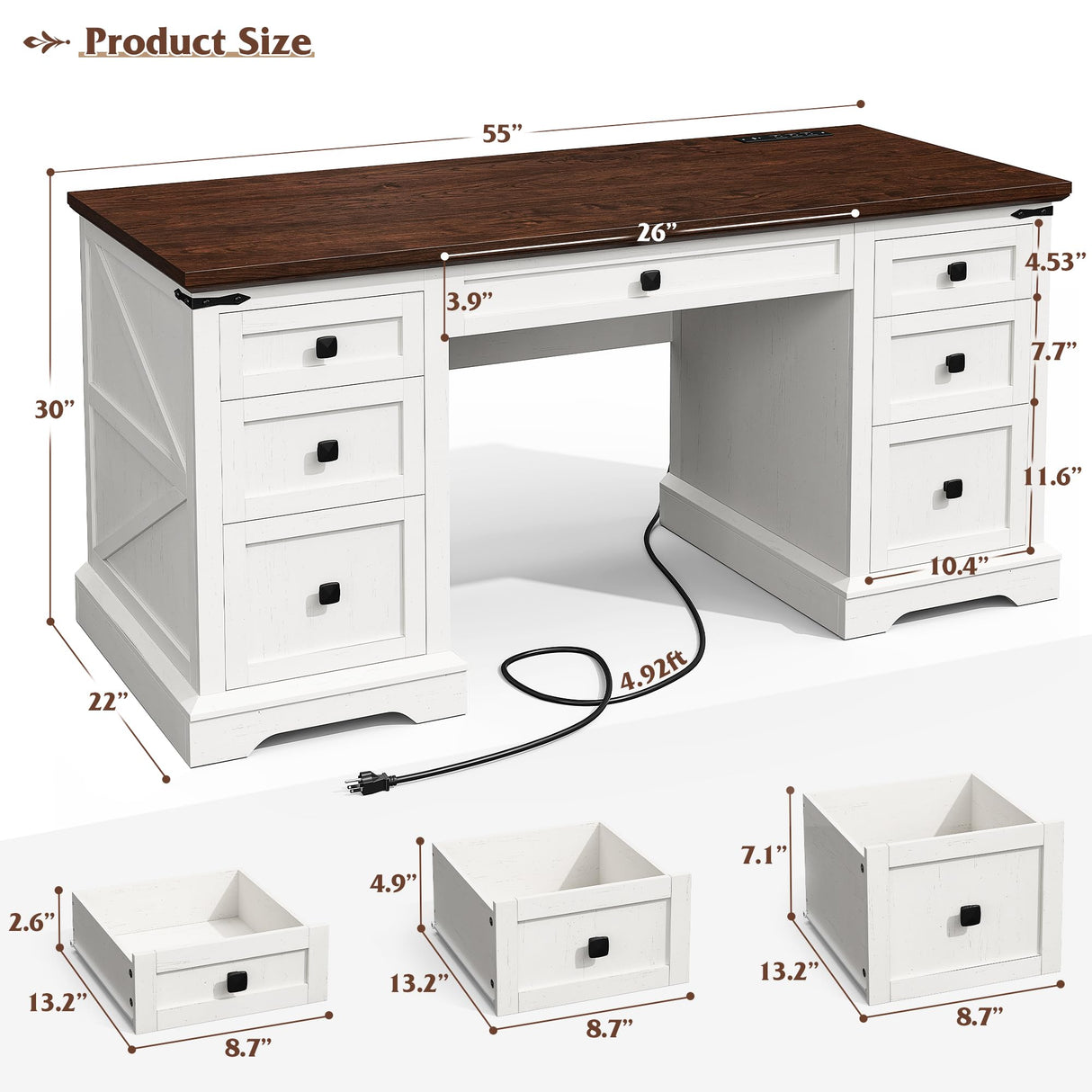 EnHomee 55" Computer Desk with 7 Drawers Farmhouse Computer Desk with Charging Station Home Office Desk for Study, Bedroom, Living Room, Office Desk,Desk,Brown+White,Dark Rustic Oak EnHomee