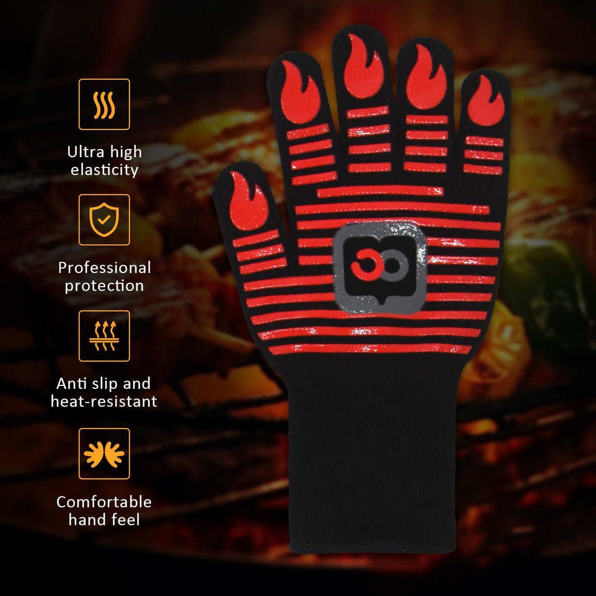 OURCAMP BBQ Gloves, 1472 Degree F Heat Resistant Grilling Gloves Silicone Non-Slip Oven Gloves Long Kitchen Gloves for Barbecue, Cooking, Baking, Cutting (Red) OURCAMP