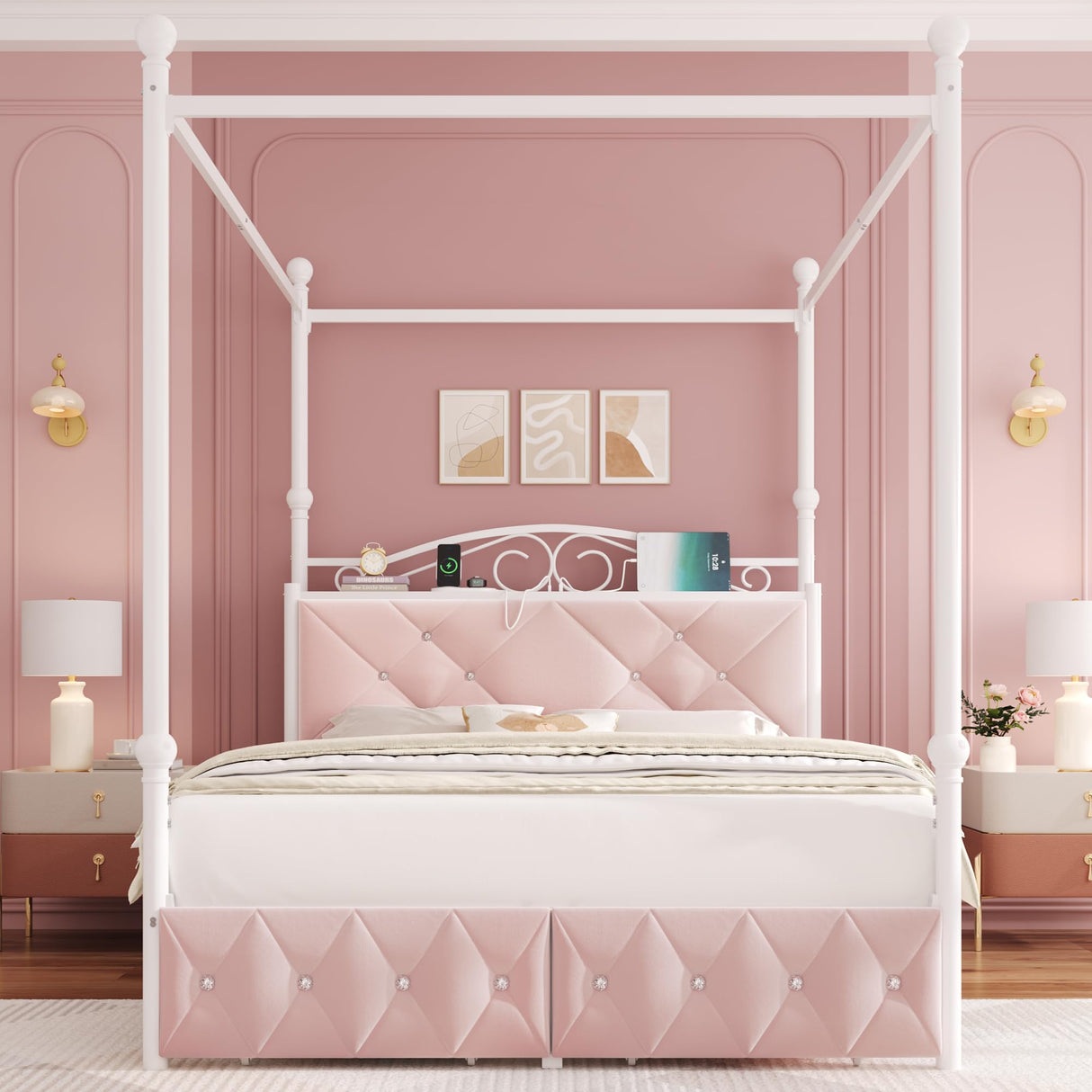 Full Upholstered Canopy Bed Frame with 2 Drawers & Crystal Tufted Storage Headboard Two-Purpose Metal Platform Bed with 4 Removable Posts & Charging Station Pink Princess Bed, Curtain Not Included Keyluv