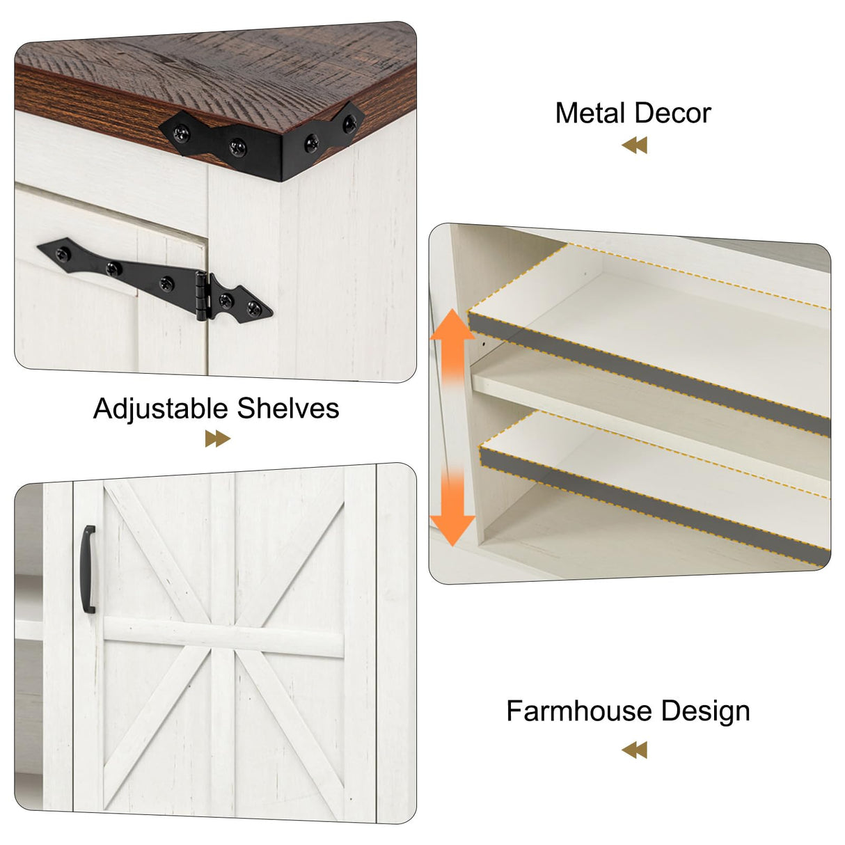 XVD 66" Farmhouse Coffee Bar with Charging Station, Sideboard Buffet with Large Storage, Wood Storage Cabinet with Adjustable Shelves for Kitchen, Living Room, Rustic White XVD