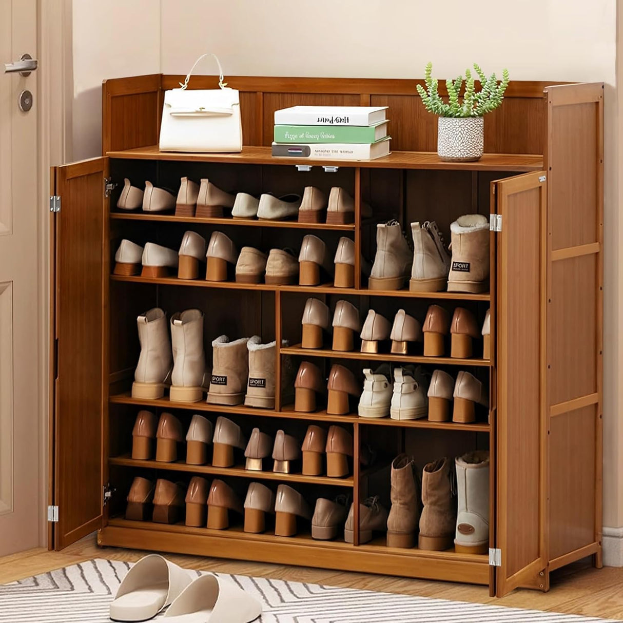 WMIASIN Bamboo Shoe Storage Cabinet with Doors, Shoe Cabinet for Entryway, 6 Tier Freestanding Shoes Heels Sneakers Shoe Rack Shelf, 36-40 Pairs Entryway Shoe Cabinet with Drawers for Hallway, Brown WMIASIN