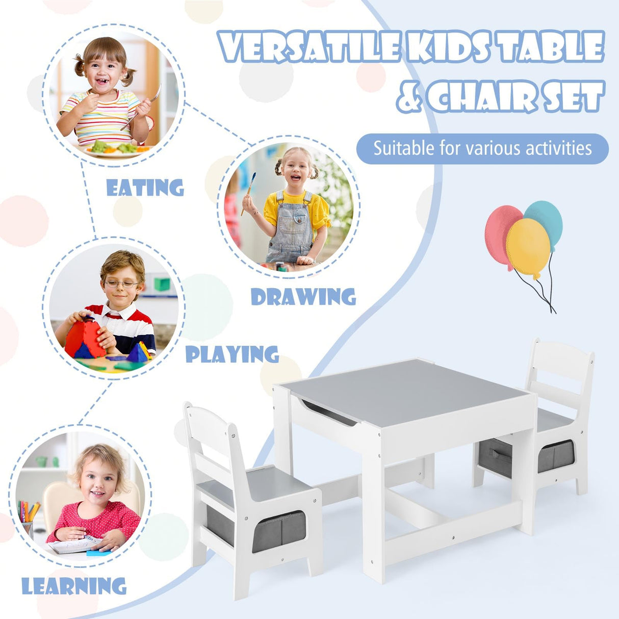 GLACER Kids Table and Chairs, 3 in 1 Wooden Activity Table with Storage, Reversible Tabletop, Chalkboard for Crafts, Drawing, Reading, Toddler Table and Chair Set for Playroom, Easy to Clean(Grey) GLACER