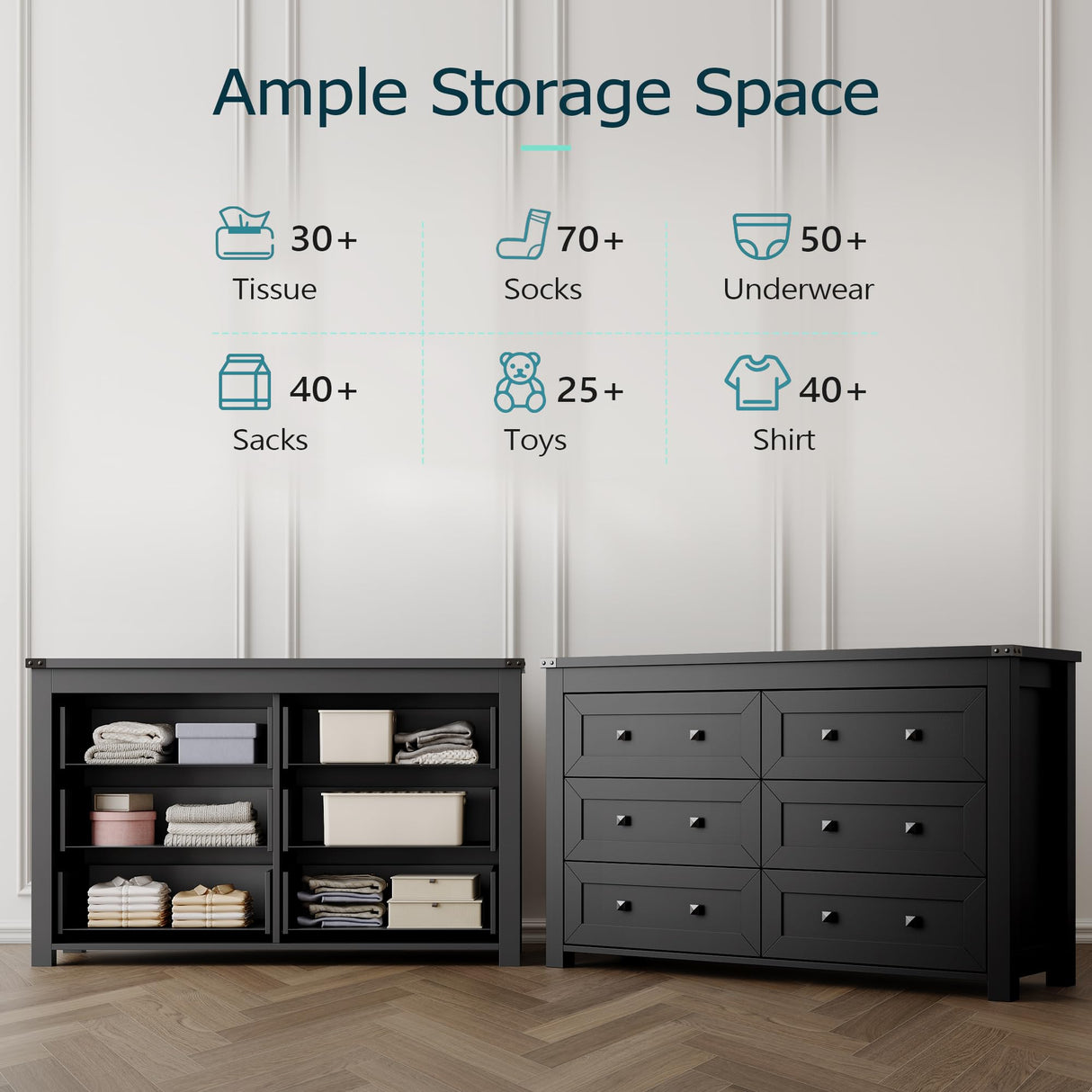 Dresser for Bedroom with 6 Drawers, Black Double Dresser Wood Farmhouse Chest of Drawers, Modern Closet Storage Furniture, Wide Wooden TV Stand Clothes Organizer Cabinet for Hallway, Living Room Xixini