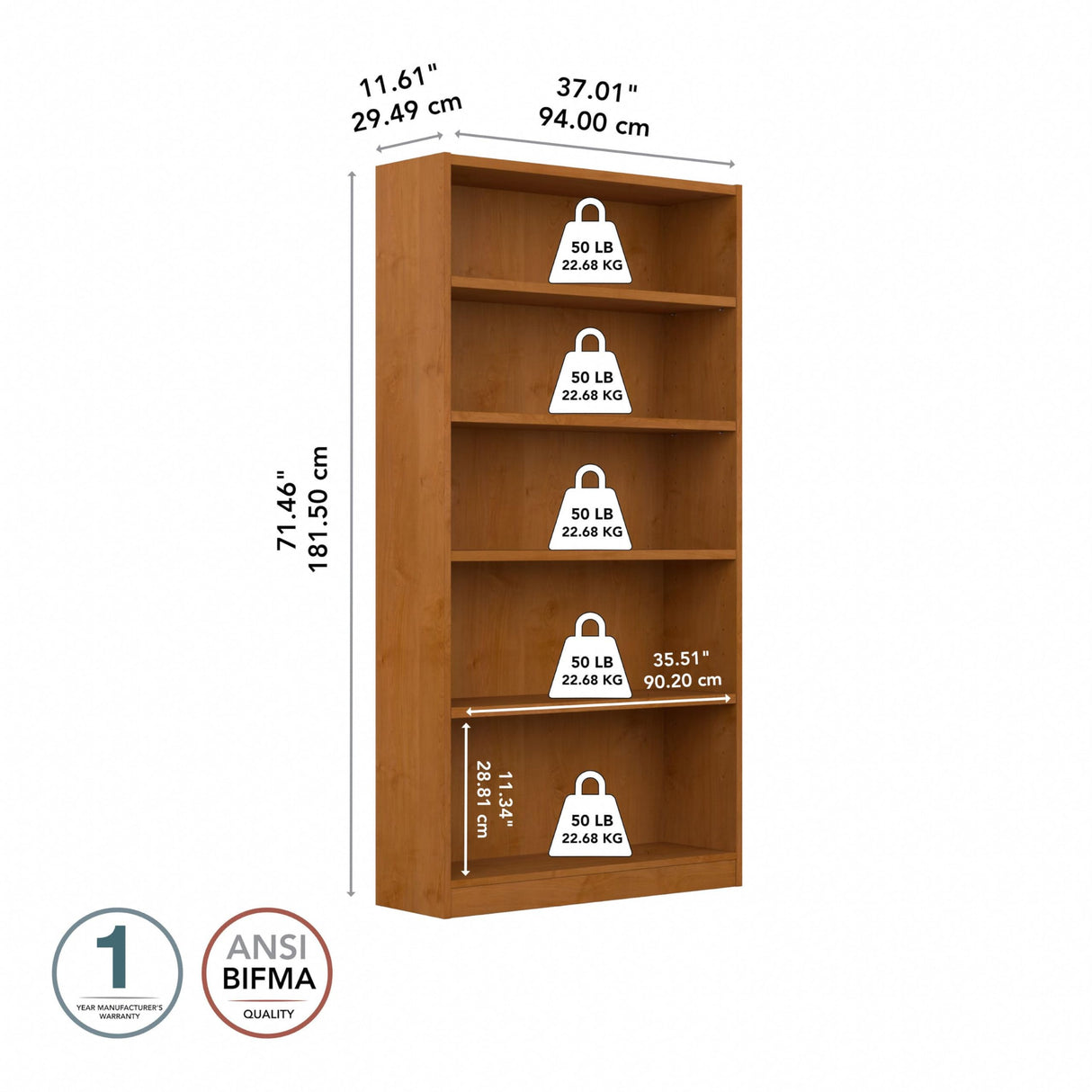 Bush Furniture Universal Tall 5 Shelf Bookcase in Natural Cherry Bush Business Furniture