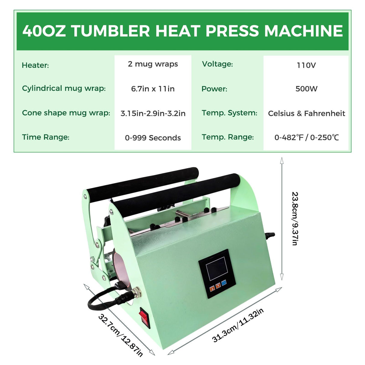 FOKOCALI 40 OZ Tumbler Heat Press Machine 110V Heat Press for 40oz Car Cup with Handle Sublimation Straight Tumblers Bottles Mugs Glass Tumbler Printing Easy Operation FOKOCALI