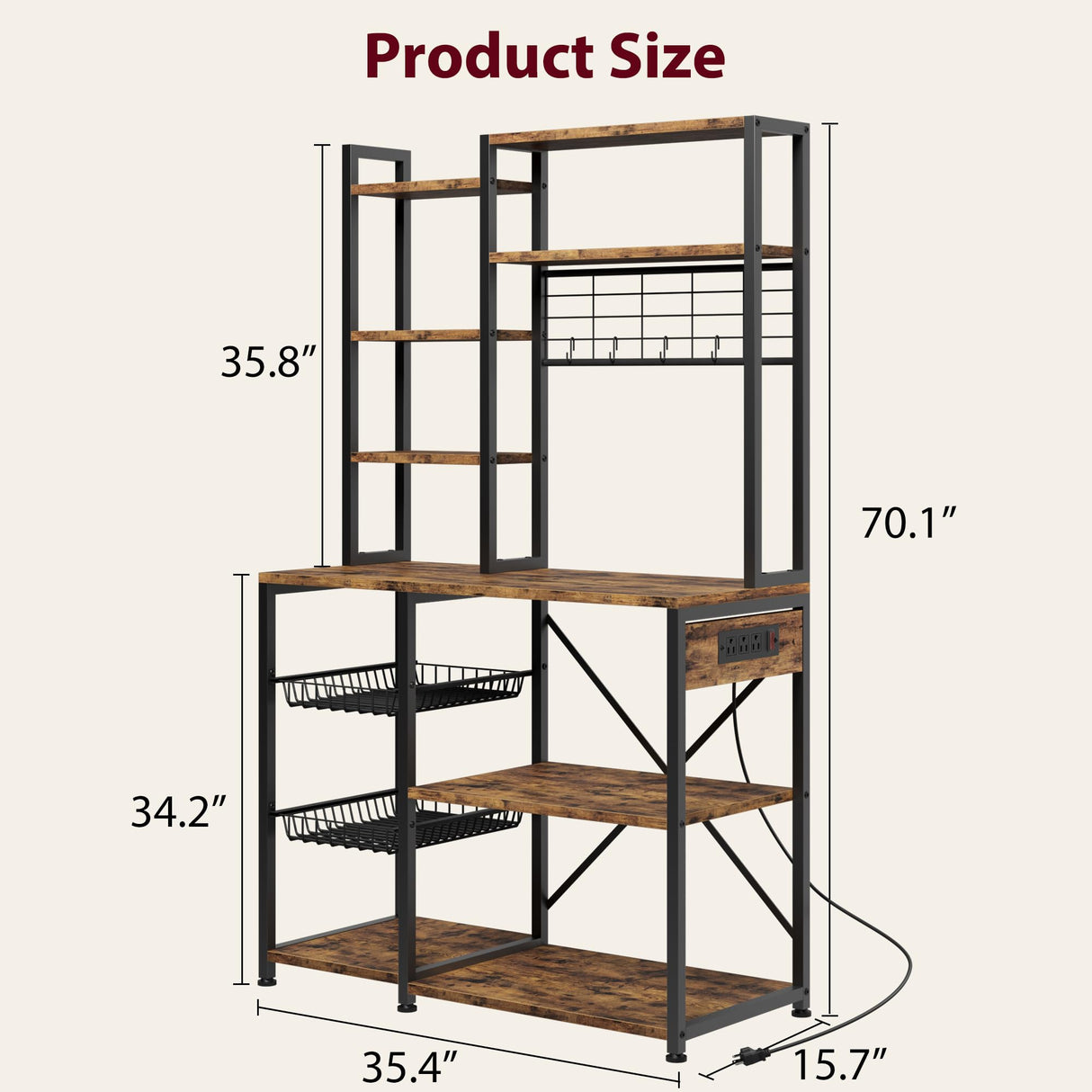 GarveeHome Bakers Rack with Power Outlets, 7-Tier Microwave Stand with 2 Wire Basket, 35.4 Inch Industrial Coffee Bar Station, Kitchen Large Bakers Rack with Storage for Pots, Dishes, Retro Brown GarveeHome