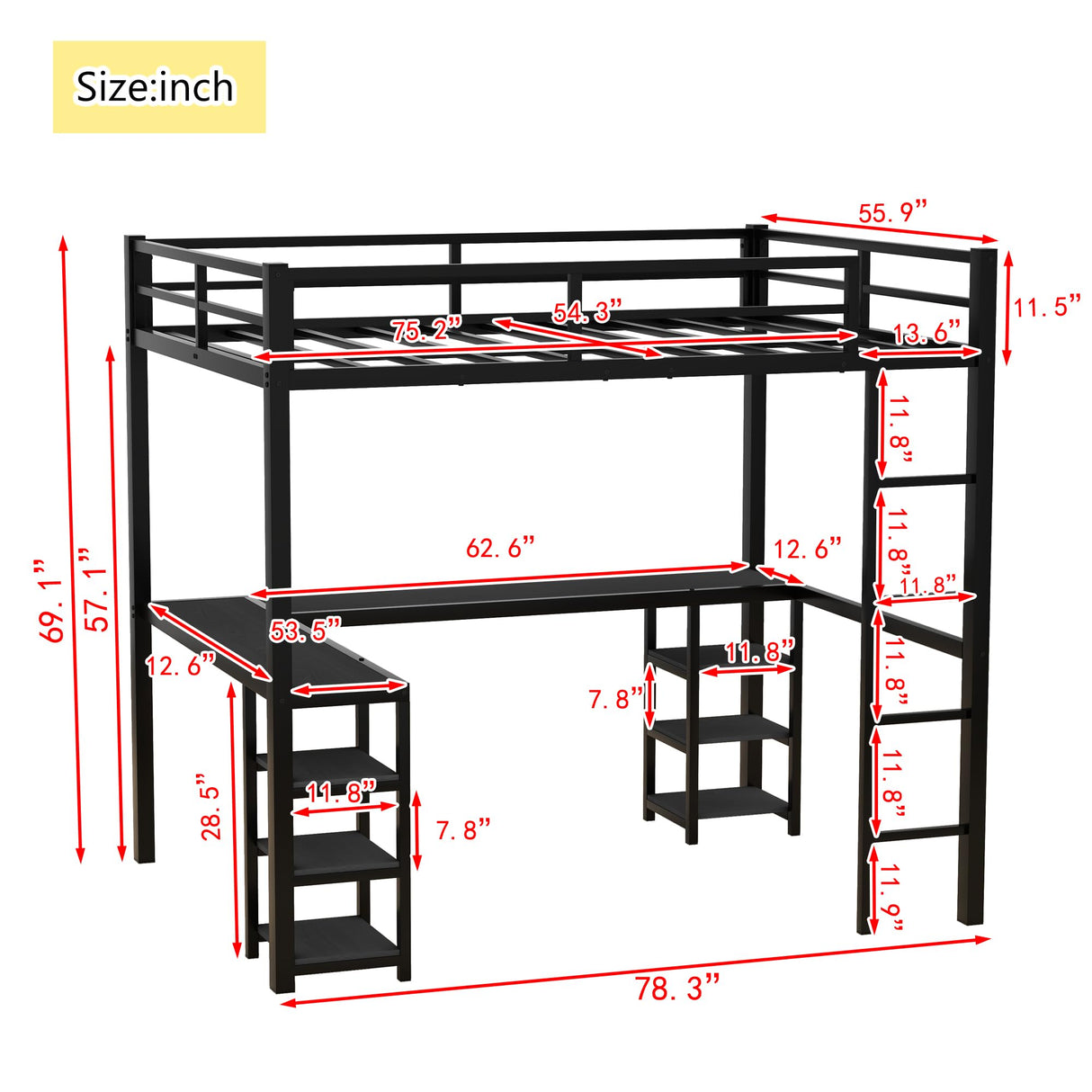 Full Size Loft Bed with Desk and Storage Shelves, Heavy Duty Metal Loft Bed with Black Desk and Guardrail, Full Size Loft Bed for Kids, Teens(Full Black Desk) Bellemave