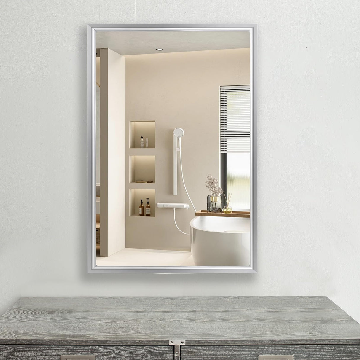 FOMAYKO Modern Medicine Cabinet Mirror Storage for Bathroom Bedroom Surface/Recessed Mount with 3 Shelves (16"x26", Brushed Silver) FOMAYKO