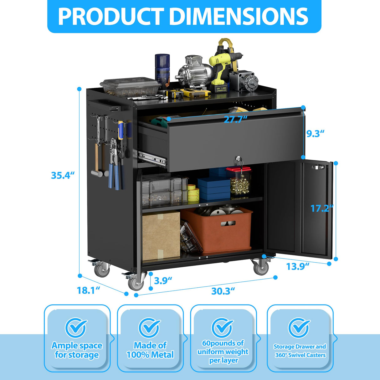 GangMei Metal Garage Storage Cabinet with Wheels and Pegboard, 35.4" H Lockable Tool Storage Cabinet with One Drawer, Adjustable Shelf and 4 Hooks for Garage, Warehouse, Black GangMei