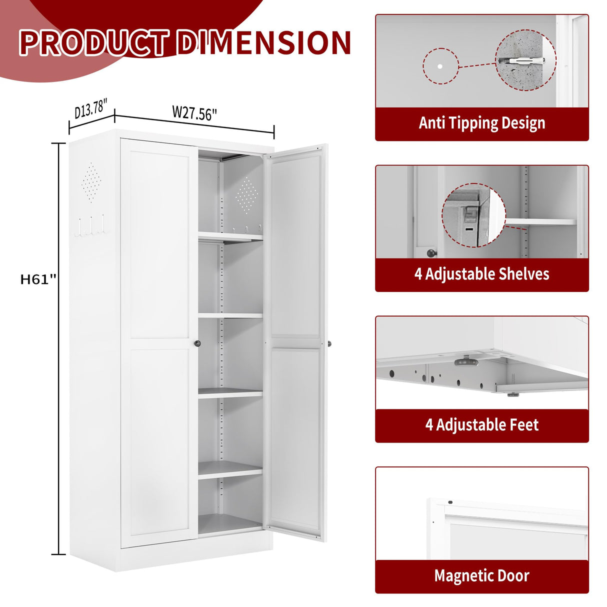 AQY Kitchen Pantry Cabinet,61" White Pantry Storage Cabinet with 4 Tier Adjustable Shelves and 2 Doors,Freestanding Cupboard,Metal Pantry Cabinets with Handle for Living Room Kitchen Assembly Required AQY