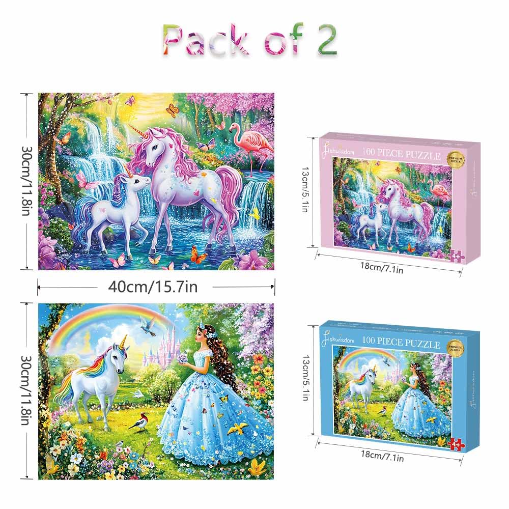 Fishwisdom Pack of 2, 100 Piece Jigsaw Puzzles for Adults and Teens and Kids Family Happy Games Princess Unicorns Puzzles fishwisdom