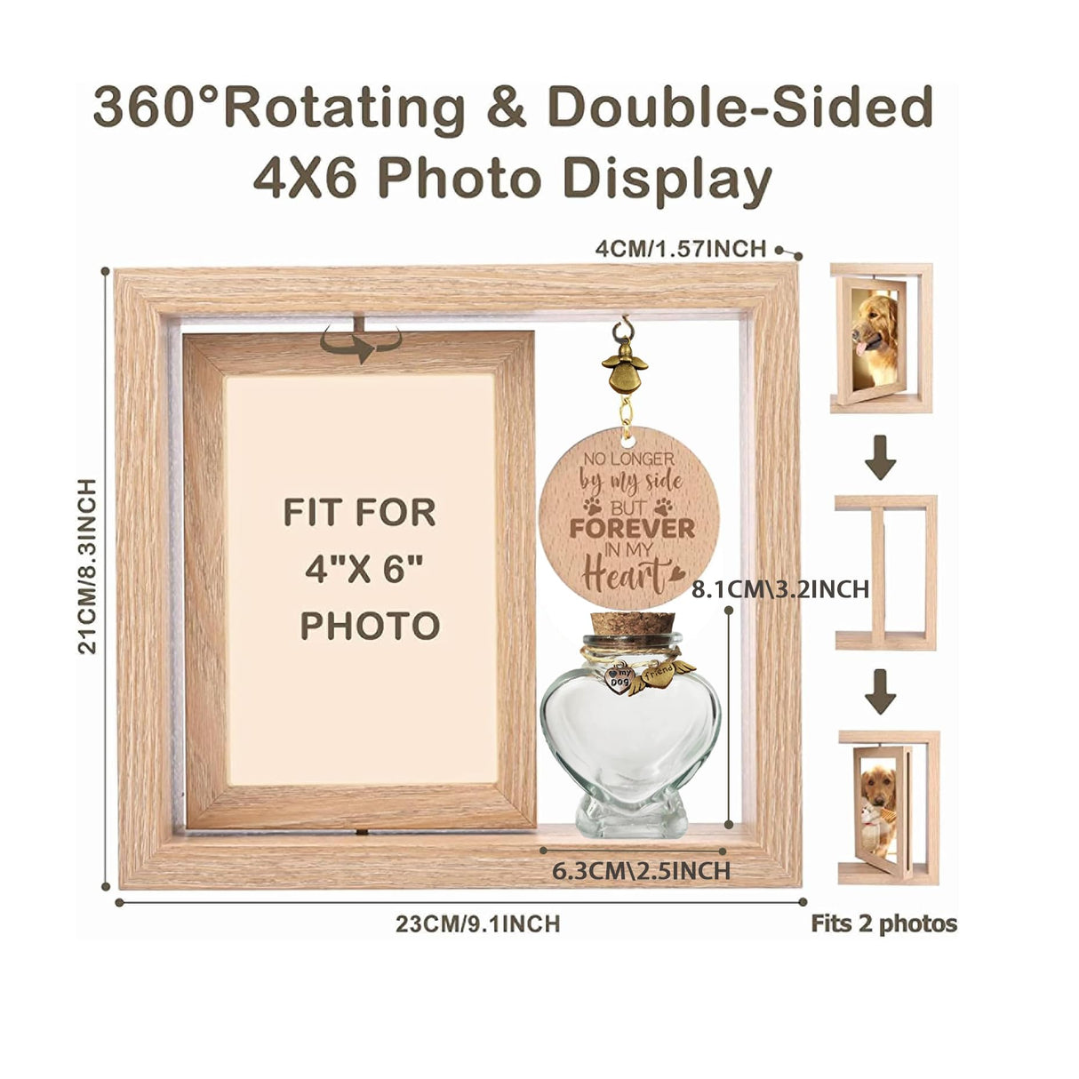 BEEMERIT 360° Rotating Pet Memorial Frame with Keepsake Jar – Double-Sided 4x6 Photo Display for Pet Loss – Perfect Remembrance Gift for Dog and Cat Owners BEEMERIT