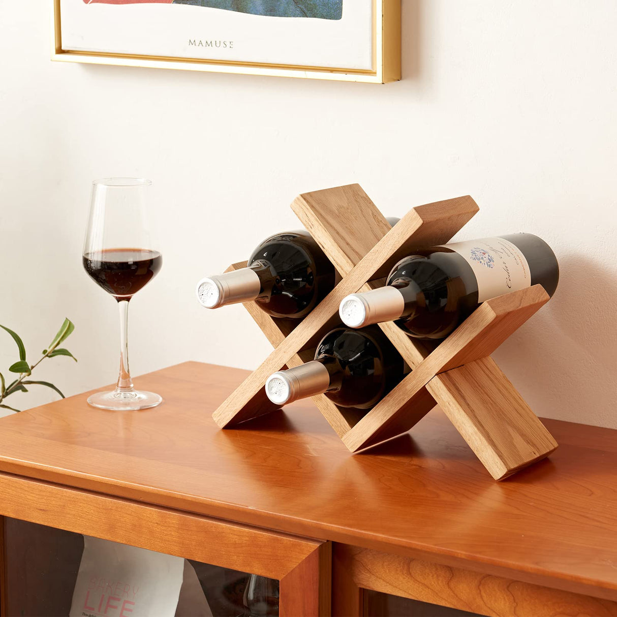 TREOAKWIS Wine Rack Countertop Oak Solid Wood Wine Organizer Rack 4 Bottles Holder for Wine, Drinks, Beer, Suit for Home, Bar, Kitchen,Cellar Basement,Oak TREOAKWIS