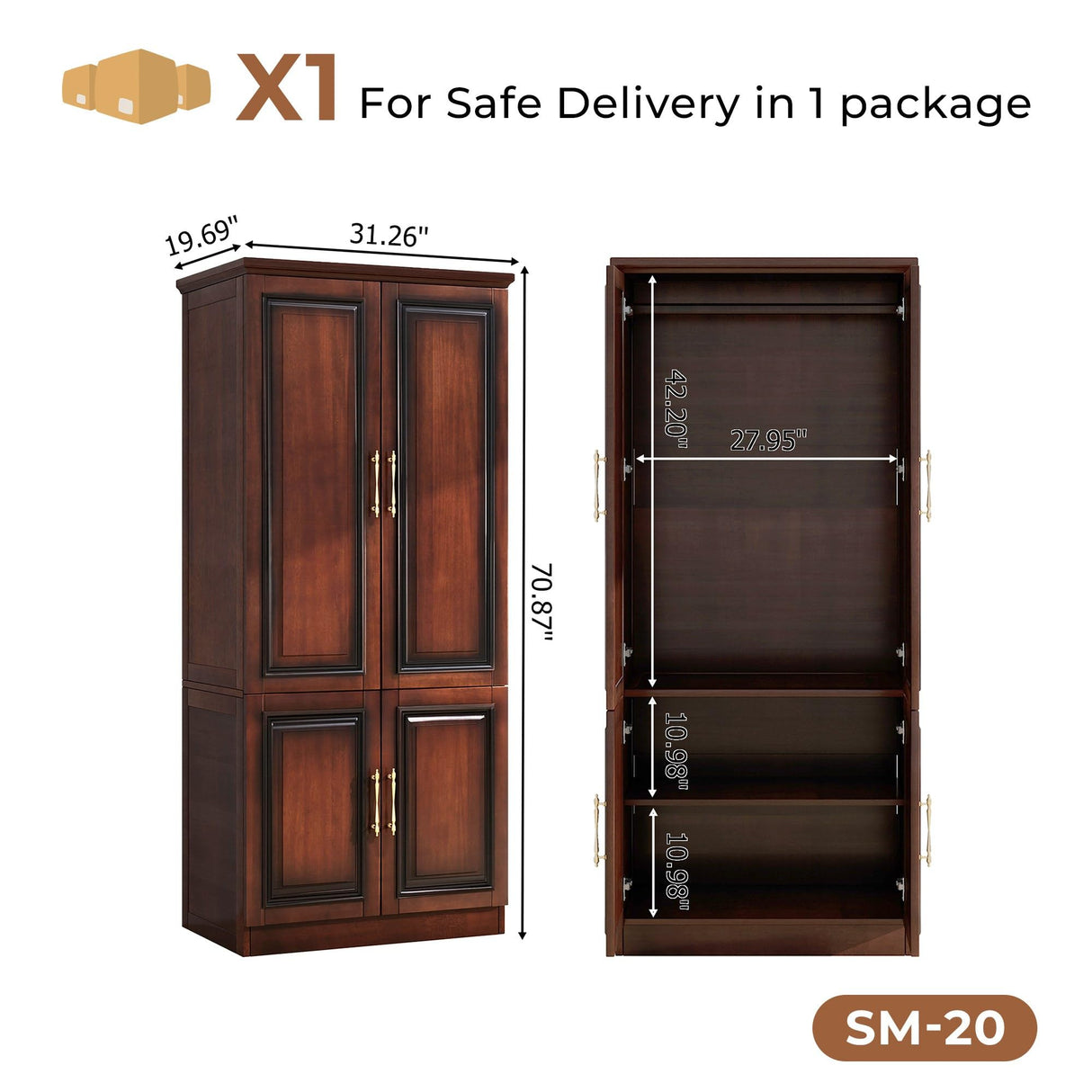 Tafeumob Solid Wood Armoire Wardrobe: Small Classic 2 Doors Solid Wood Bedroom Armoires with Hangingrod Clothes Cabinet Storage Cherry Red Finish 31.26" L x 19.69" W x 70.87" H Tafeumob