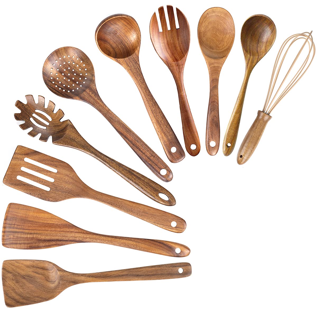 10 Pack Wooden Spoons for Cooking, Teak Wood Kitchen Utensils Set for Non Stick Use, Spatula Set for Stirring, Baking, Non Stick Wooden Utensils for Kitchen ADT
